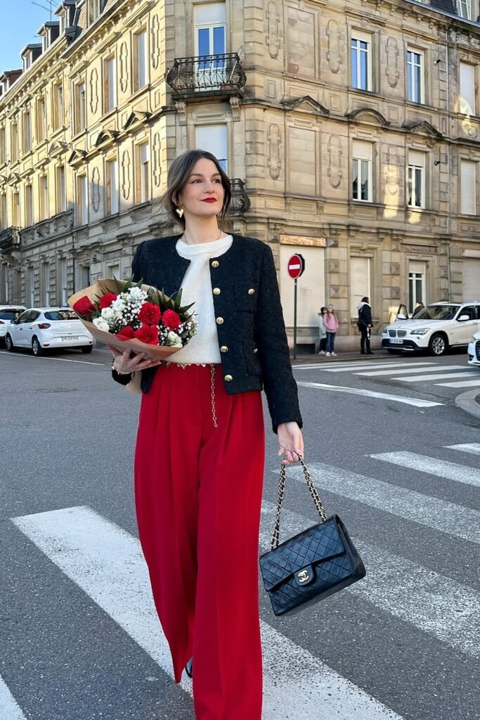 Black Tweed Jacket + White Knit Sweater + Red Wide-Leg Pants + Black Quilted Bag