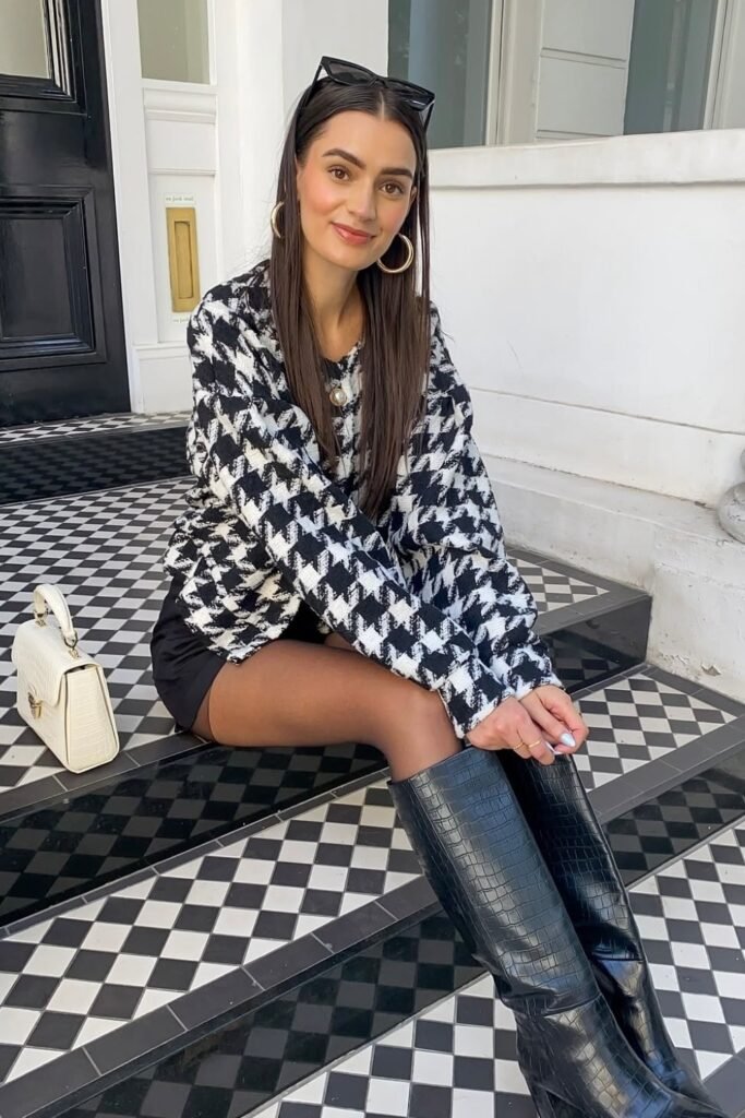 Black & White Houndstooth Sweater + Black Mini Skirt + Black Knee-High Boots + White Handbag