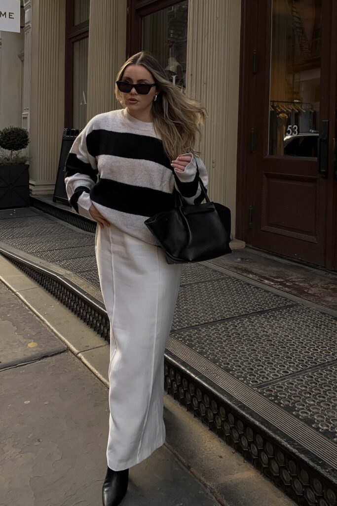 Black-and-White Striped Sweater + White Maxi Skirt + Black Ankle Boots + Black Structured Bag