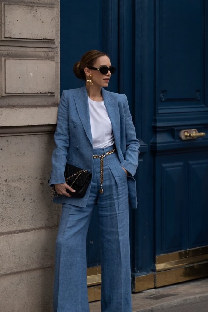 Blue Blazer + White T-Shirt + Blue Belted Pants