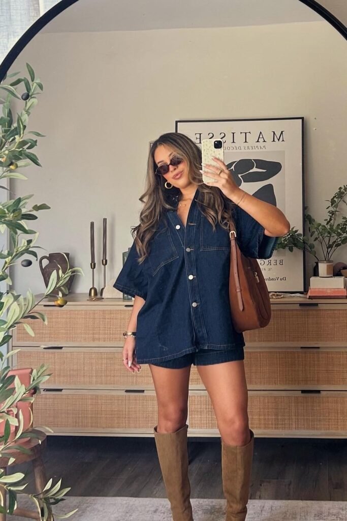 Blue Denim Shirt Dress + Brown Boots + Brown Handbag + Sunglasses