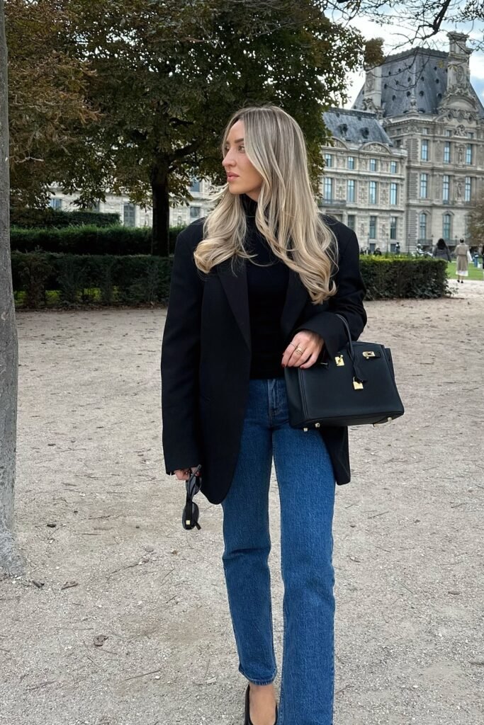 Blue Denim Shirt Dress + Brown Boots + Brown Handbag + Sunglasses