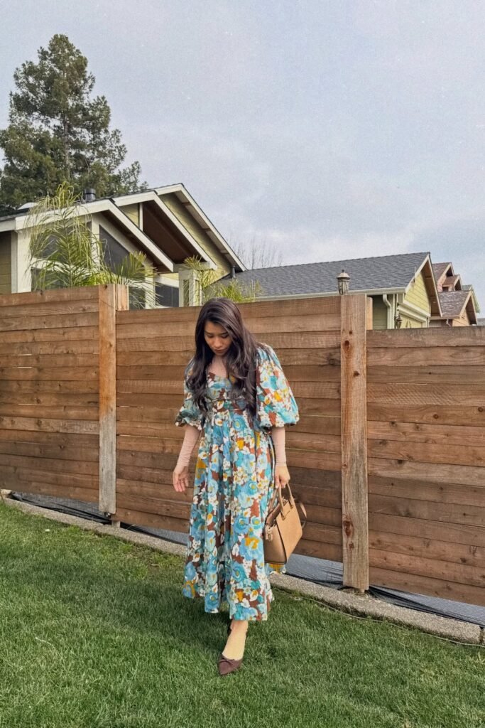 Blue Floral Puff-Sleeve Midi Dress + Tan Leather Handbag + Brown Pointed-Toe Flats