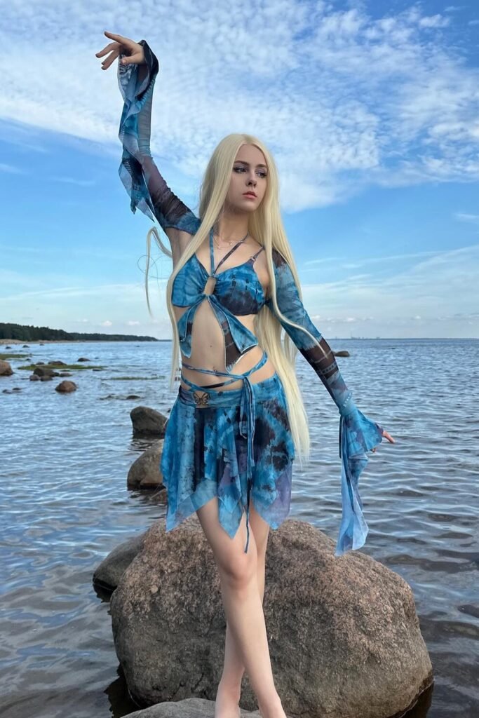 Blue Tie-Dye Mesh Two-Piece (Cut-Out Crop Top + Asymmetrical Skirt) + Bell Sleeve Extensions