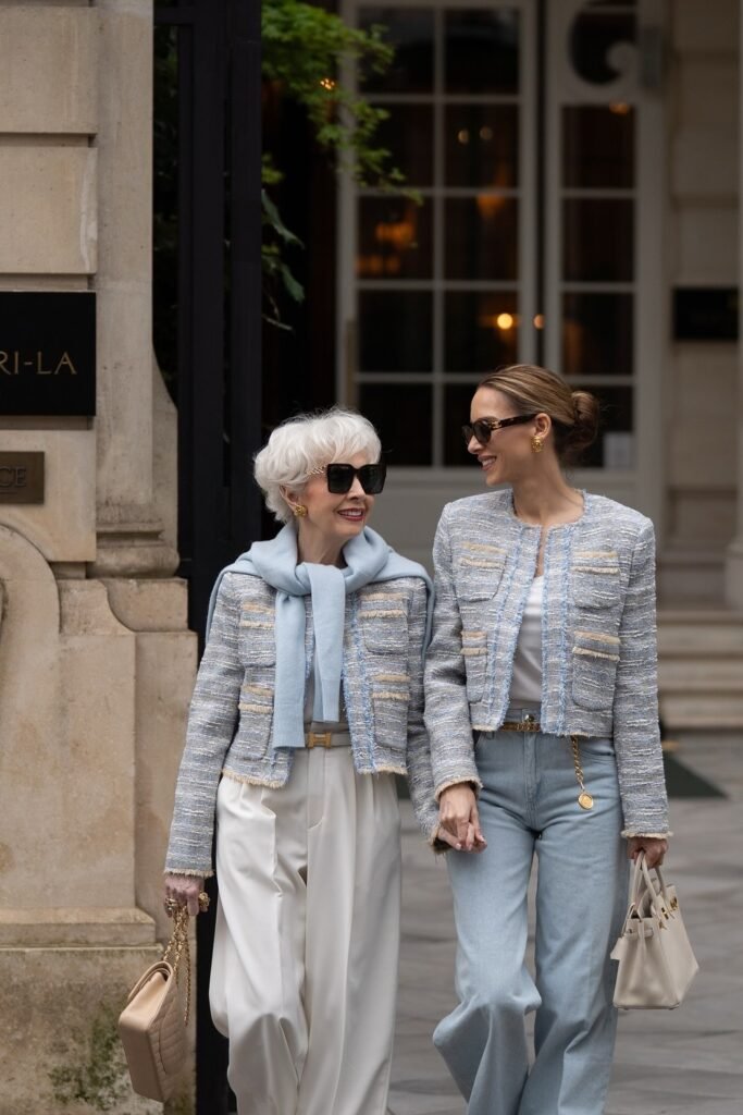 Blue-Toned Tweed Jacket + White Trousers + Beige Quilted Bag (paired with Blue-Toned Tweed Jacket + Light Wash Jeans + Chain Belt + White Structured Bag)