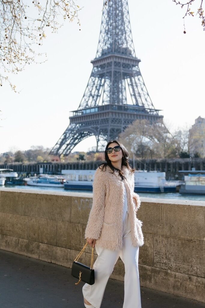 Blush Faux-Fur Coat + White Wide-Leg Trousers + Nude Heels