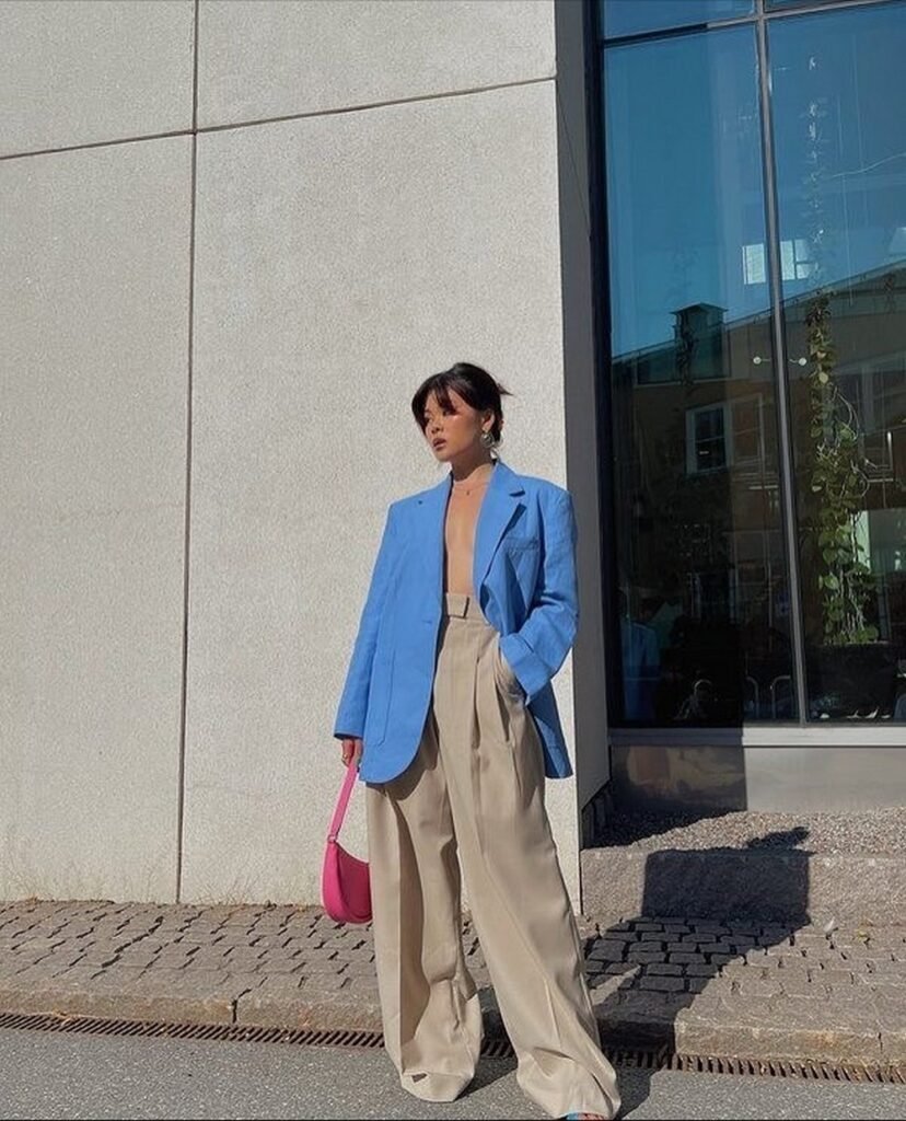 Bright Blue Oversized Blazer + Beige Wide-Leg Trousers + Hot Pink Shoulder Bag