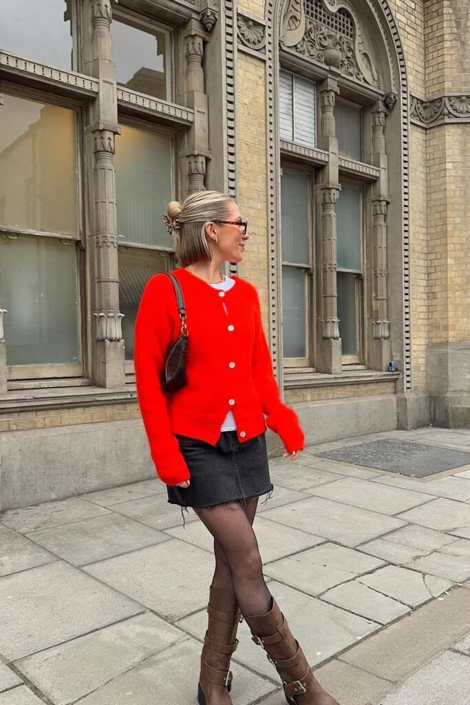 Bright Red Cardigan + White Undershirt + Black Mini Skirt + Sheer Black Tights + Brown Buckle Boots + Small Shoulder Bag