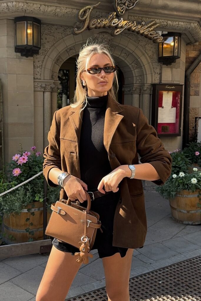 Brown Blazer + Black Turtleneck + Black Shorts + Brown Structured Bag