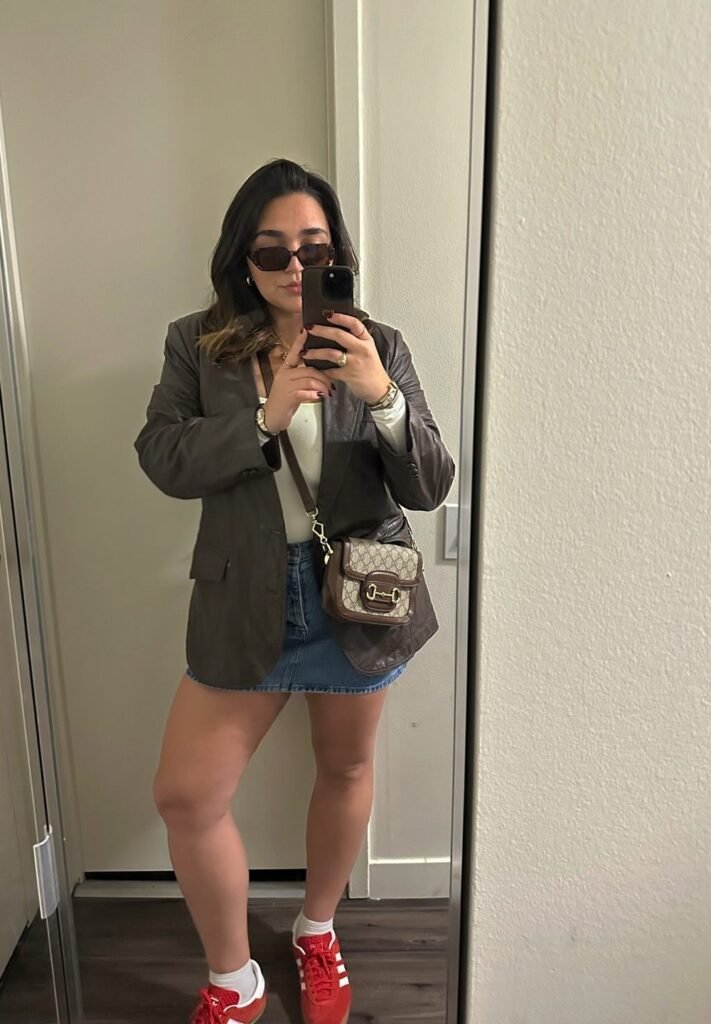 Brown Blazer + White Tank Top + Denim Mini Skirt + Red Sneakers + Gucci Crossbody Bag