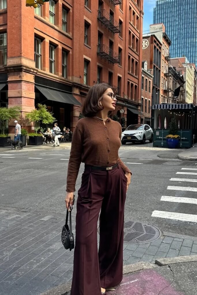 Brown Button-Up Cardigan + Burgundy Wide-Leg Trousers + Black Mini Handbag
