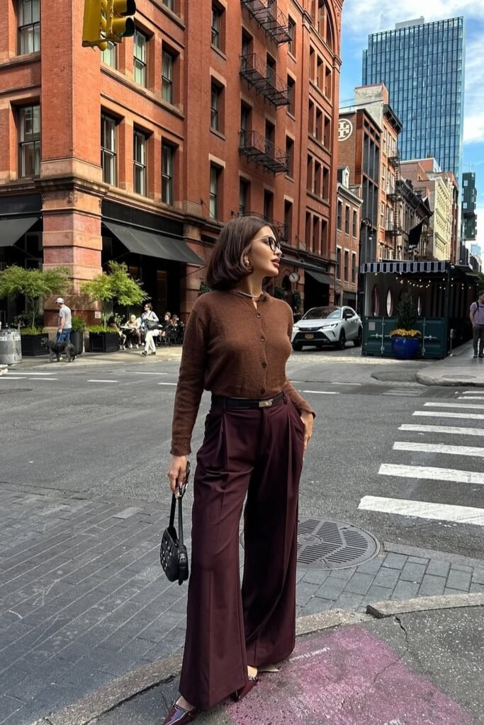 Brown Buttoned Cardigan + Burgundy Wide-Leg Trousers + Small Black Bag