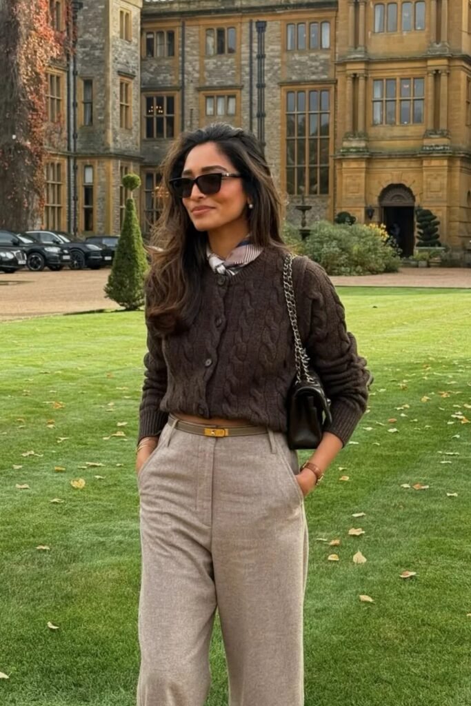 Brown Cable Knit Cardigan + Light Beige Trousers + Striped Shirt Collar Peeking Through + Black Quilted Chain Bag