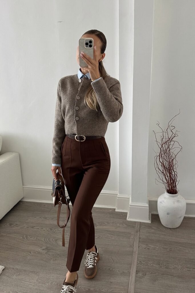 Brown Cardigan + Blue Shirt + Brown High-Waist Pants + Brown Sneakers + Brown Mini Bag