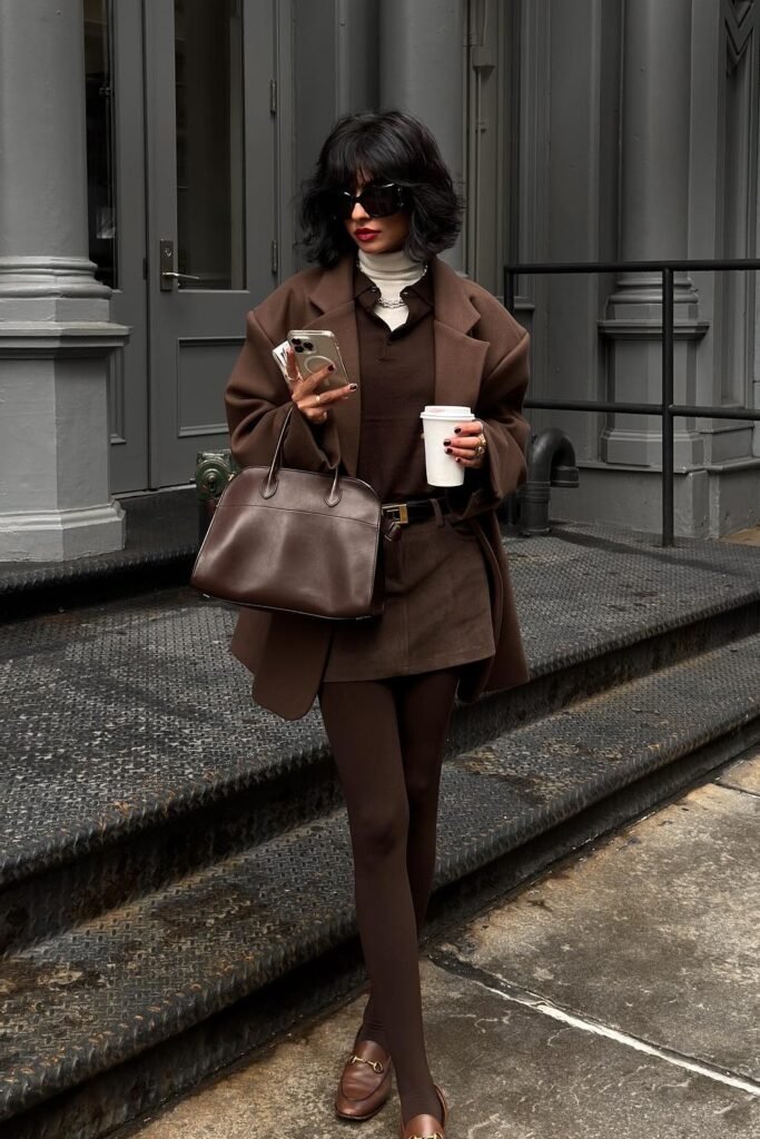 Brown Coat + Brown Mini Dress + White Turtleneck Layer + Brown Tights + Loafers + Structured Brown Bag