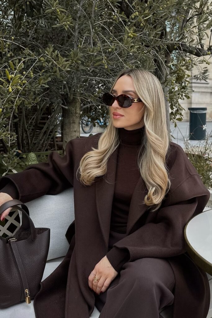 Brown Coat + Brown Turtleneck + Brown Handbag + Black Sunglasses