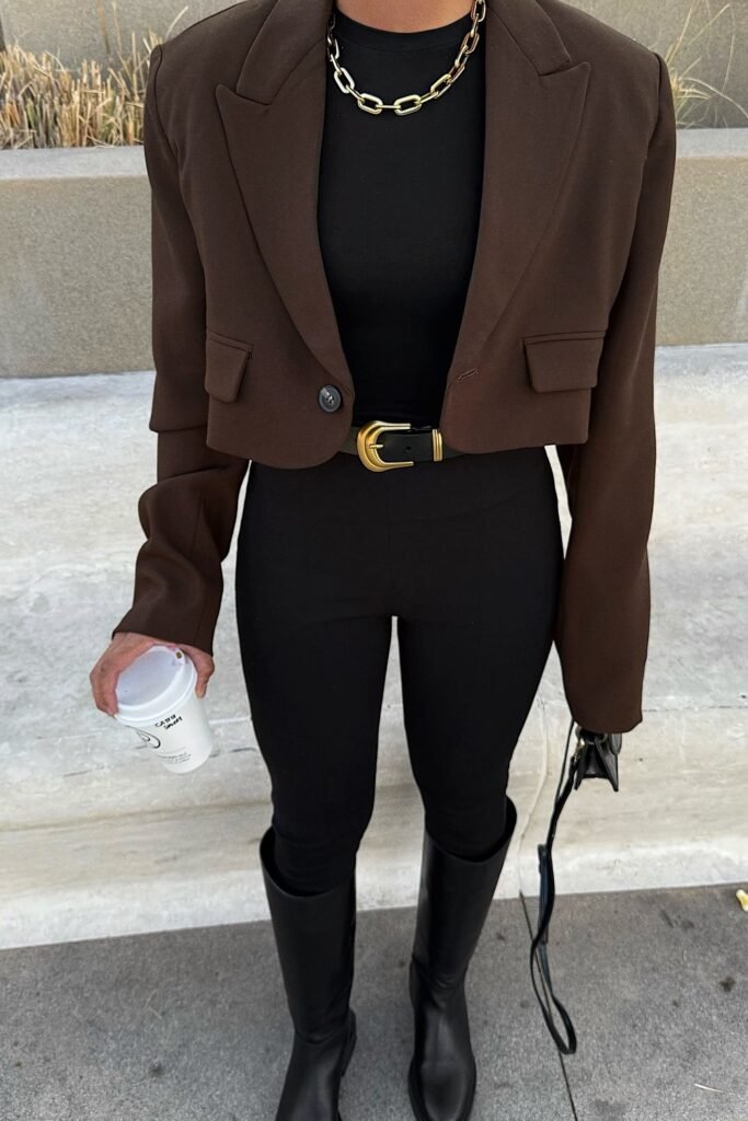 Brown Cropped Blazer + Black Bodysuit + Black Skinny Pants + Black Boots