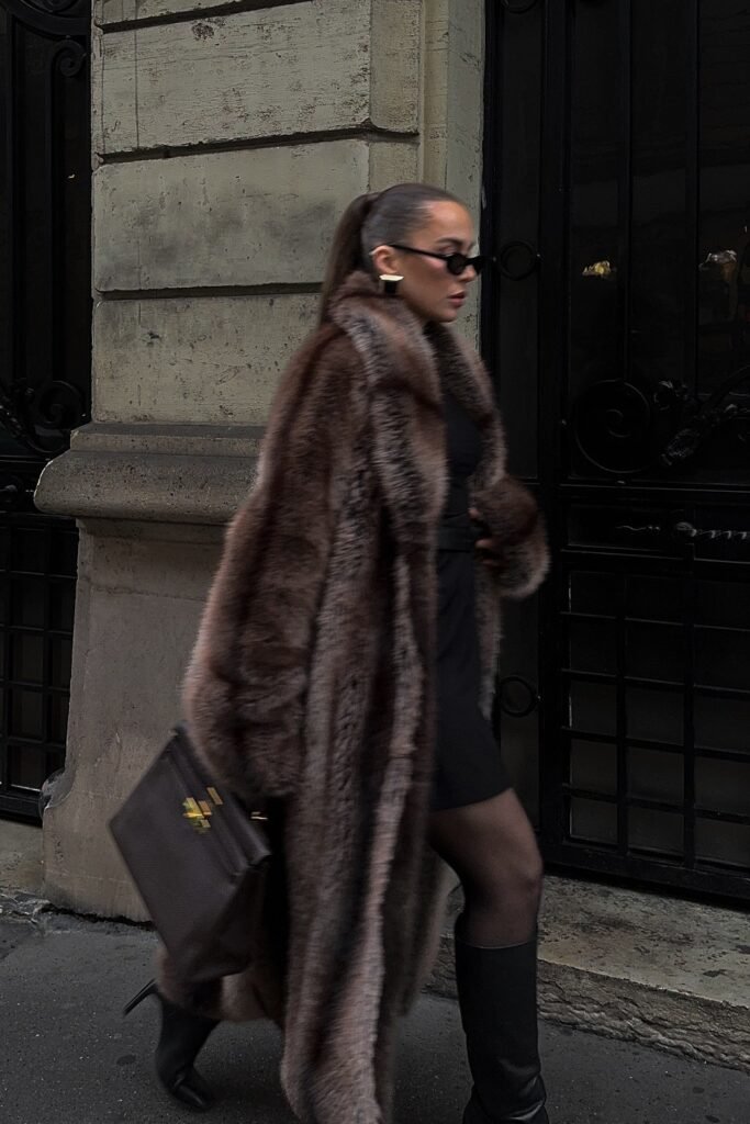 Brown Faux Fur Coat + Black Mini Dress + Black Knee-High Boots + Brown Structured Bag