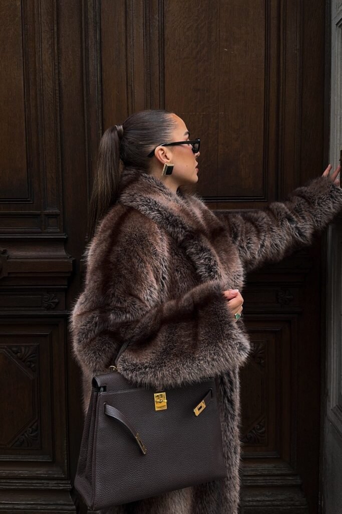 Brown Faux Fur Coat + Black Sunglasses + Brown Structured Handbag