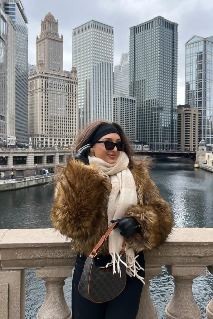 Brown Faux Fur Jacket + Black Jeans + Beige Scarf + Louis Vuitton Bag + Black Gloves