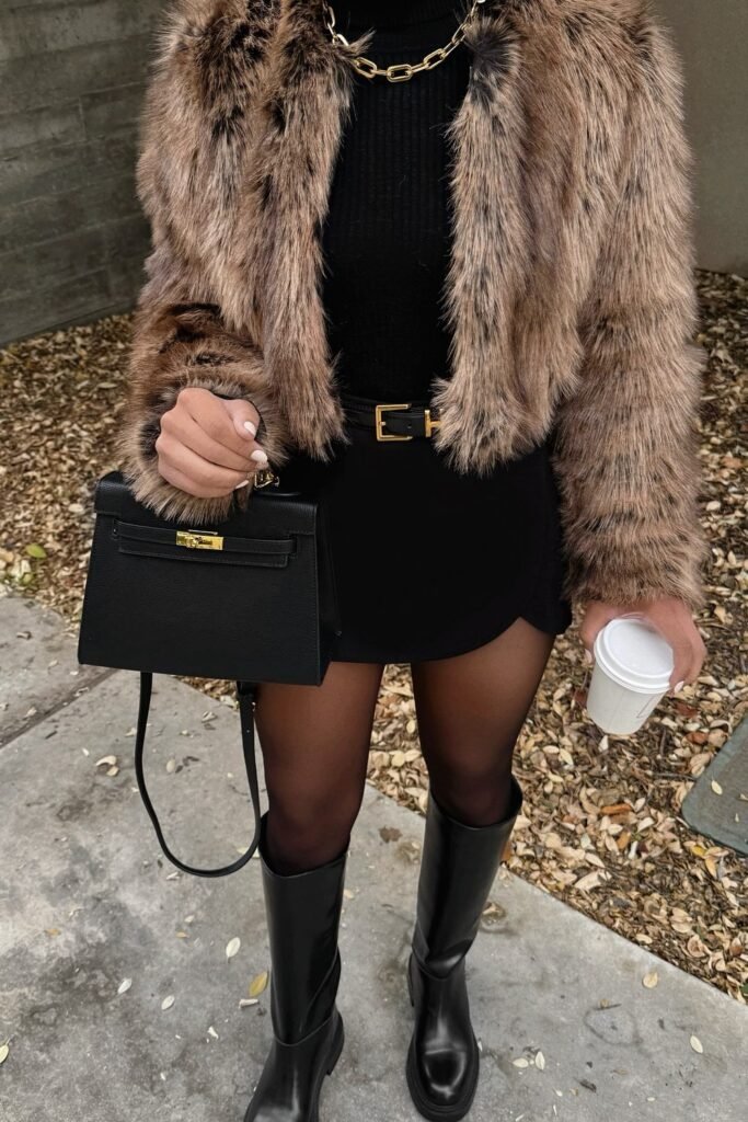Brown Faux Fur Jacket + Black Knit Top + Black Mini Skirt + Sheer Tights + Black Boots