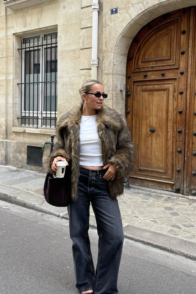 Brown Faux-Fur Jacket + Charcoal Wide-Leg Jeans + Black Ankle Boots