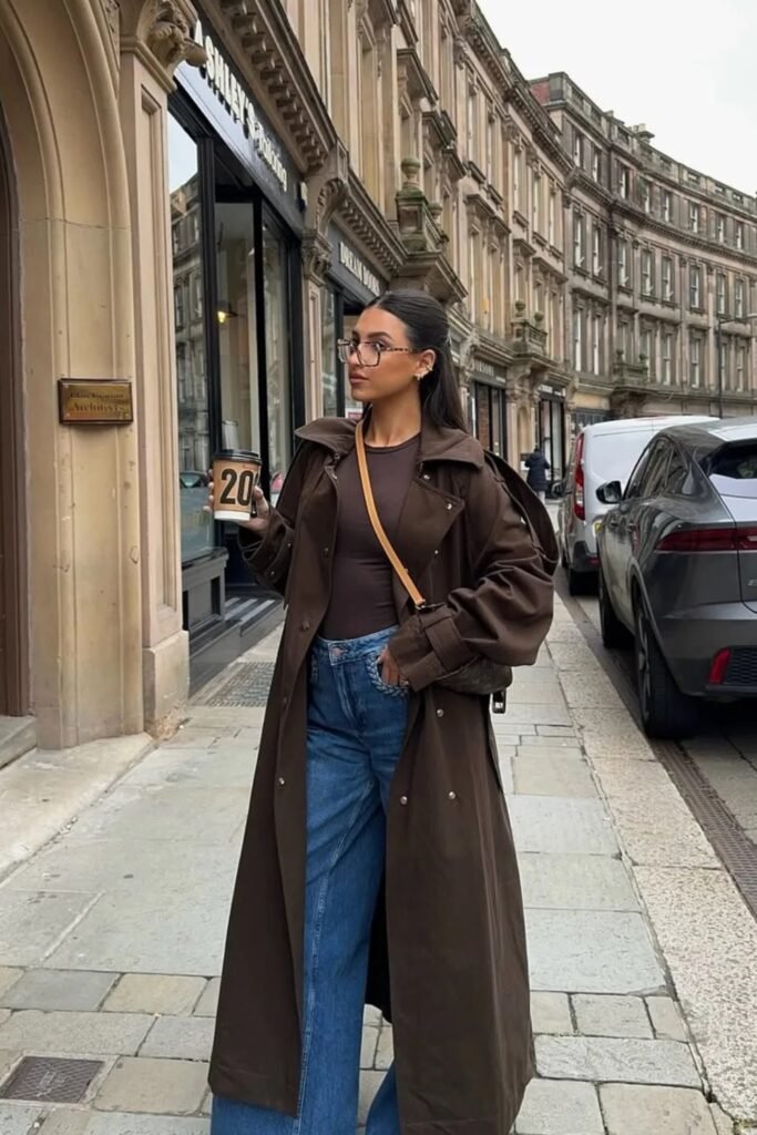 Brown Fitted Top + Dark Brown Trench Coat + Blue Wide-Leg Jeans + Crossbody Bag