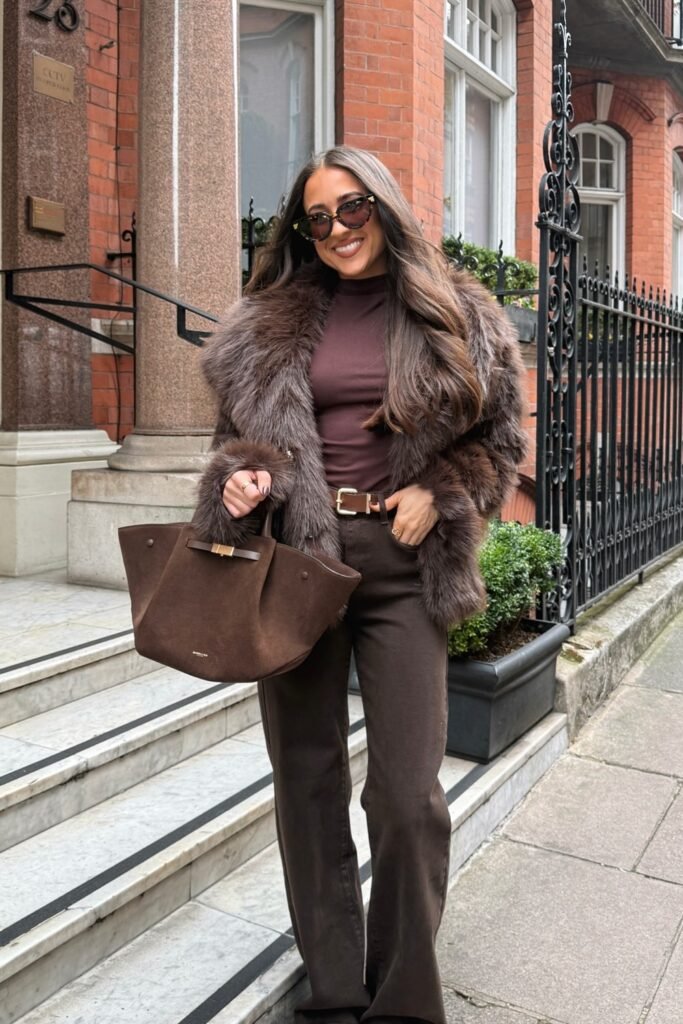 Brown Fur Coat + Brown Turtleneck + Brown Pants + Brown Bag