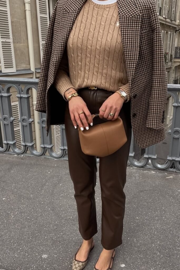 Brown Houndstooth Blazer (Draped) + Camel Cable Knit Sweater + Dark Brown Leather Pants + Tan Mini Top Handle Bag + Gucci Snakeskin Pumps