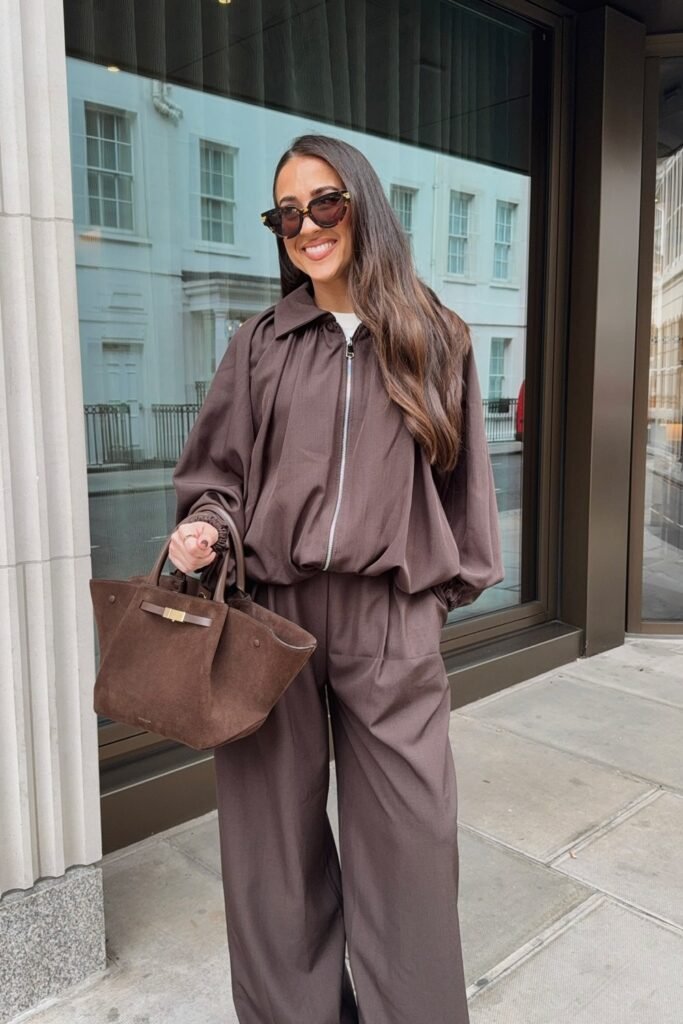 Brown Jacket + White T-Shirt + Brown Trousers + Brown Handbag
