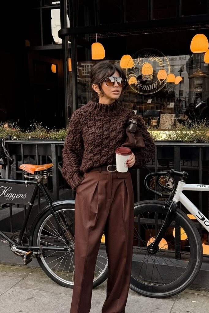 Brown Knit Sweater + Brown Wide-leg Pants + Brown Handbag
