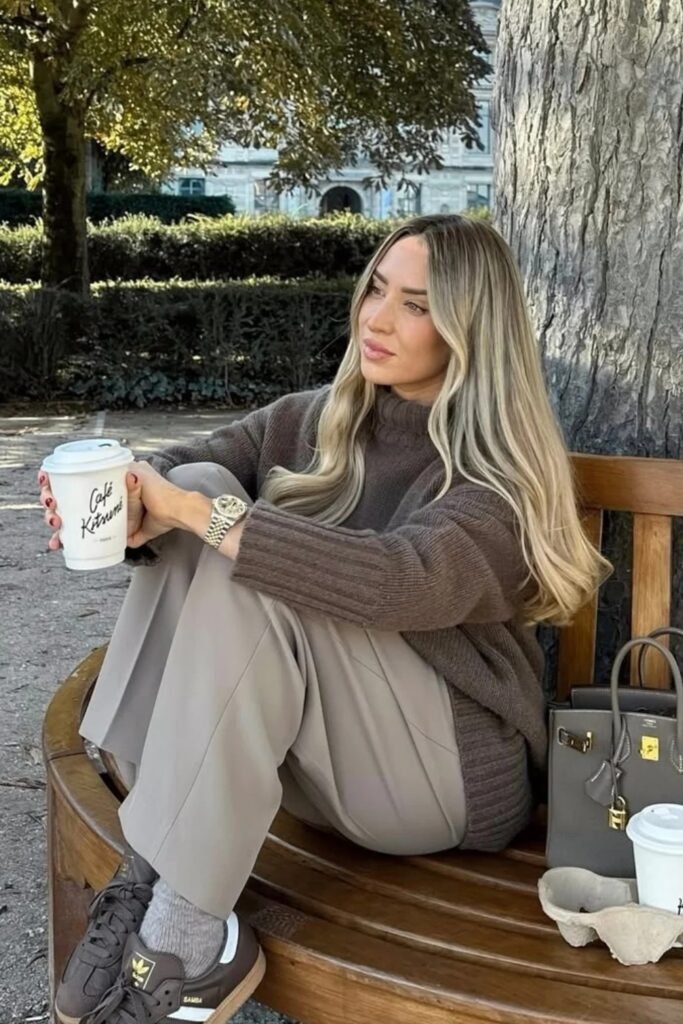 Brown Knit Sweater + Taupe Wide-Leg Trousers + Grey Birkin Bag + Brown Sneakers