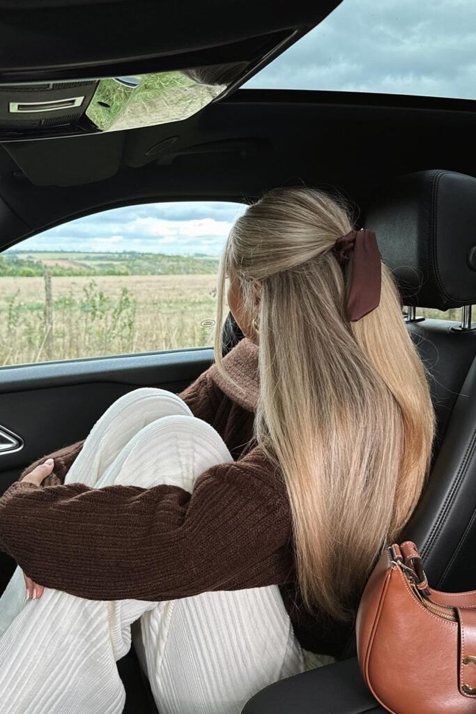 Brown Knit Sweater + White Corduroy Pants + Brown Hair Bow + Brown Shoulder Bag