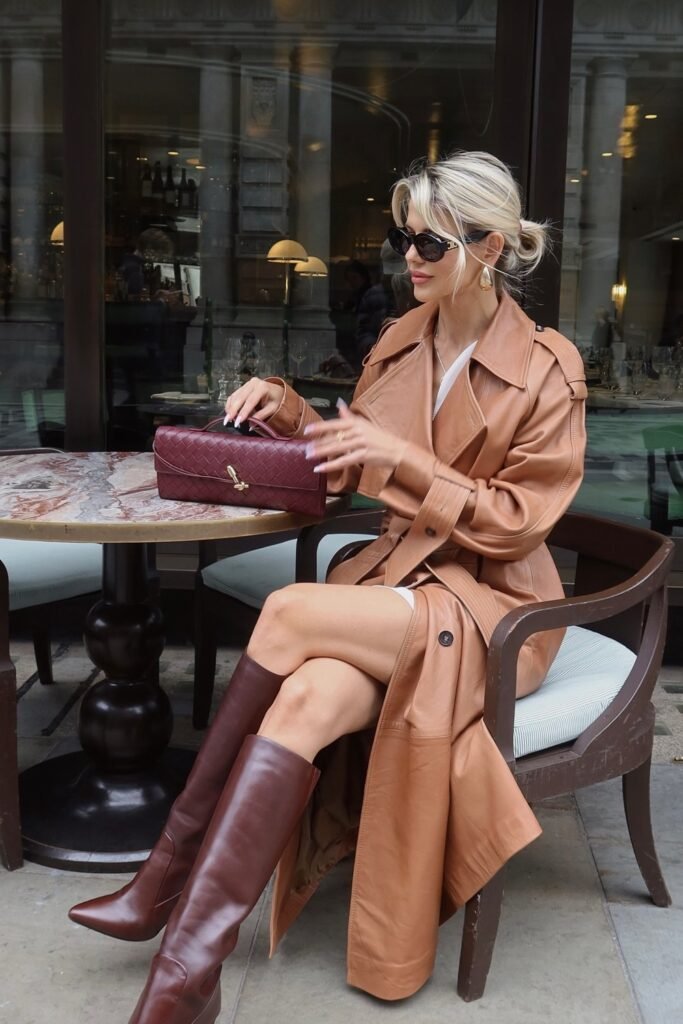 Brown Leather Trench Coat + White Shirt Dress + Burgundy Handbag + Brown Boots