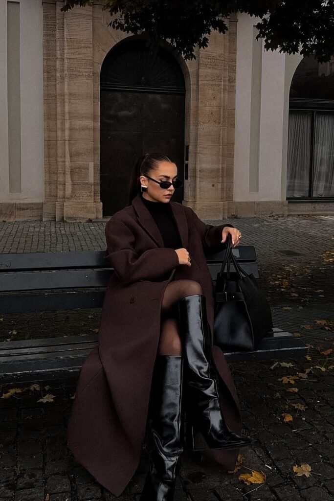 Brown Long Coat + Black Turtleneck Dress + Sheer Black Tights + Black Leather Knee Boots
