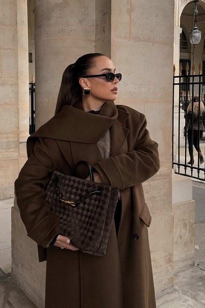 Brown Long Coat + Brown Knit Scarf + Grey Knit Sweater + Woven Brown Tote Bag