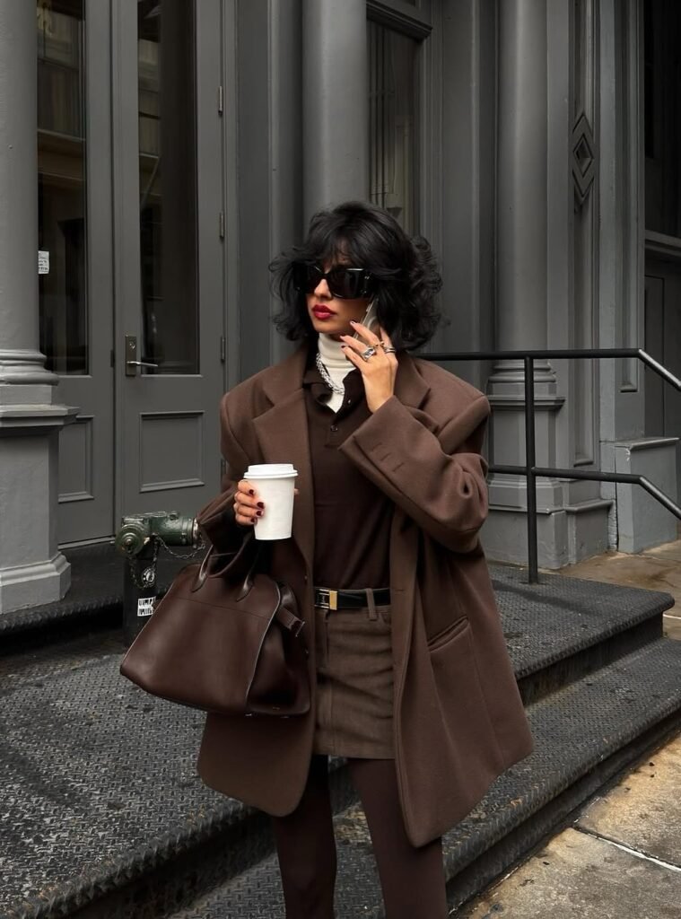 Brown Oversized Blazer + Layered Turtleneck + Brown Pleated Mini Skirt + Brown Tights + Brown Handbag