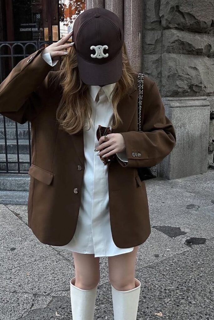 Brown Oversized Blazer + White Shirt Dress + Brown Cap + White Knee-High Boots + Black Chain Shoulder Bag