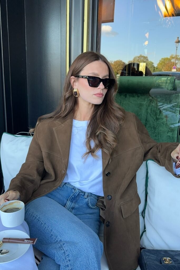 Brown Oversized Blazer + White Tee + Blue Straight Jeans + Black Sunglasses + Chanel Bag