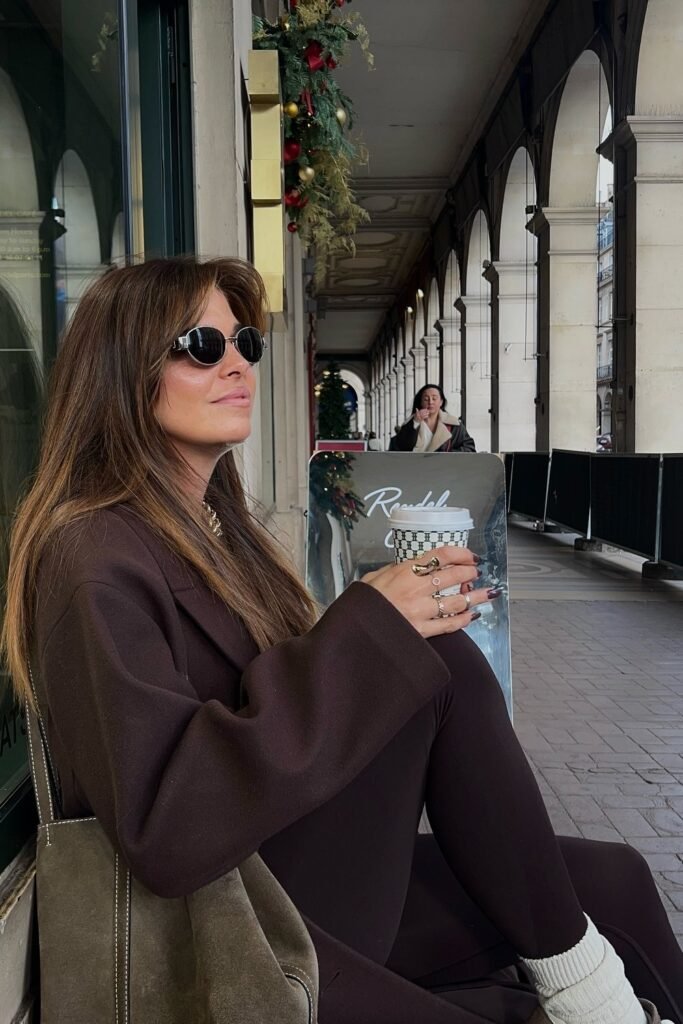Brown Oversized Coat + Black Leggings + White Socks + Sunglasses