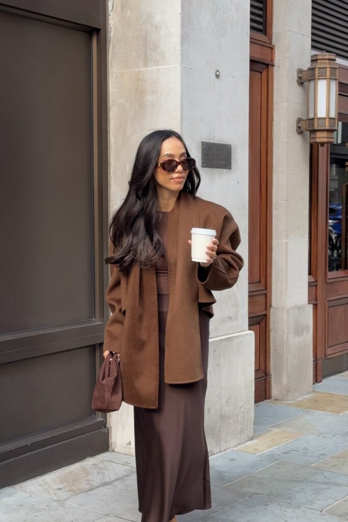 Brown Oversized Coat + Brown Maxi Dress + Brown Handbag