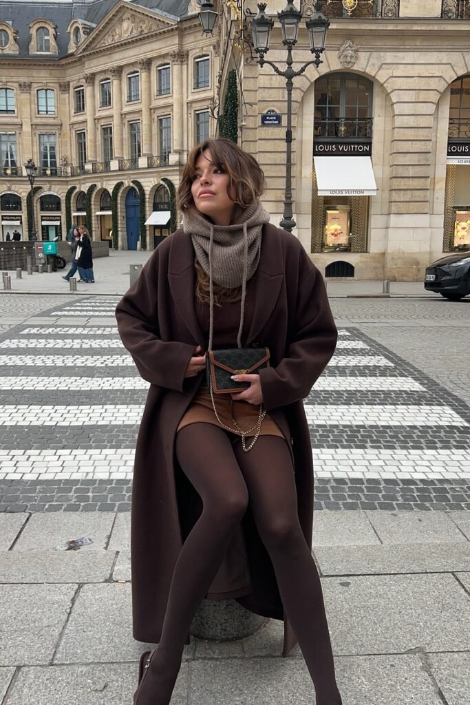 Brown Oversized Coat + Brown Mini Skirt + Brown Tights + Taupe Scarf