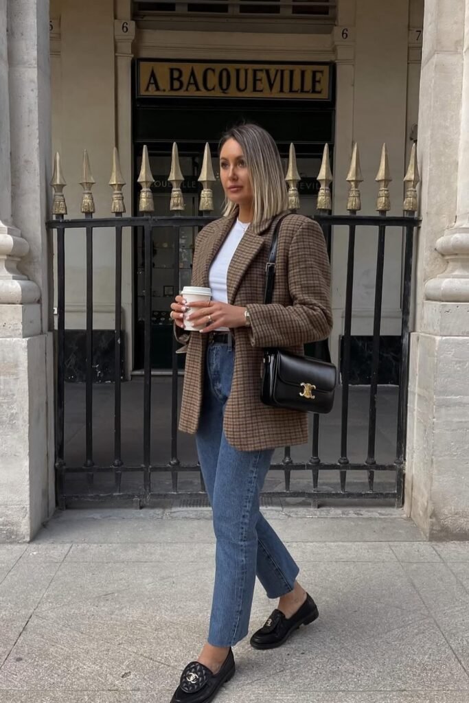 Brown Plaid Oversized Blazer + White T-Shirt + Blue Straight-Leg Jeans + Black Loafers + Black Shoulder Bag