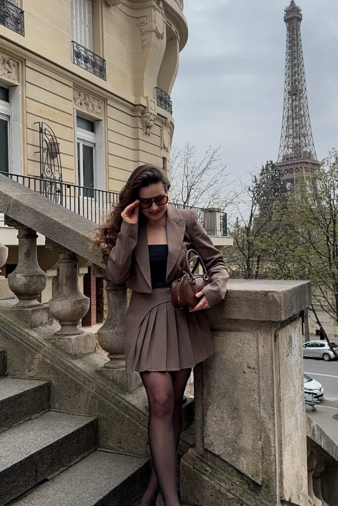 Brown Pleated Skirt + Brown Blazer + Brown Handbag