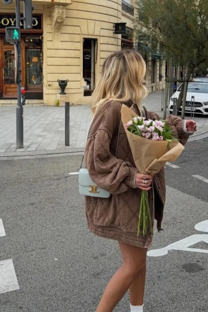 Brown Quilted Jacket + White Mini Dress + Light Blue Crossbody Bag