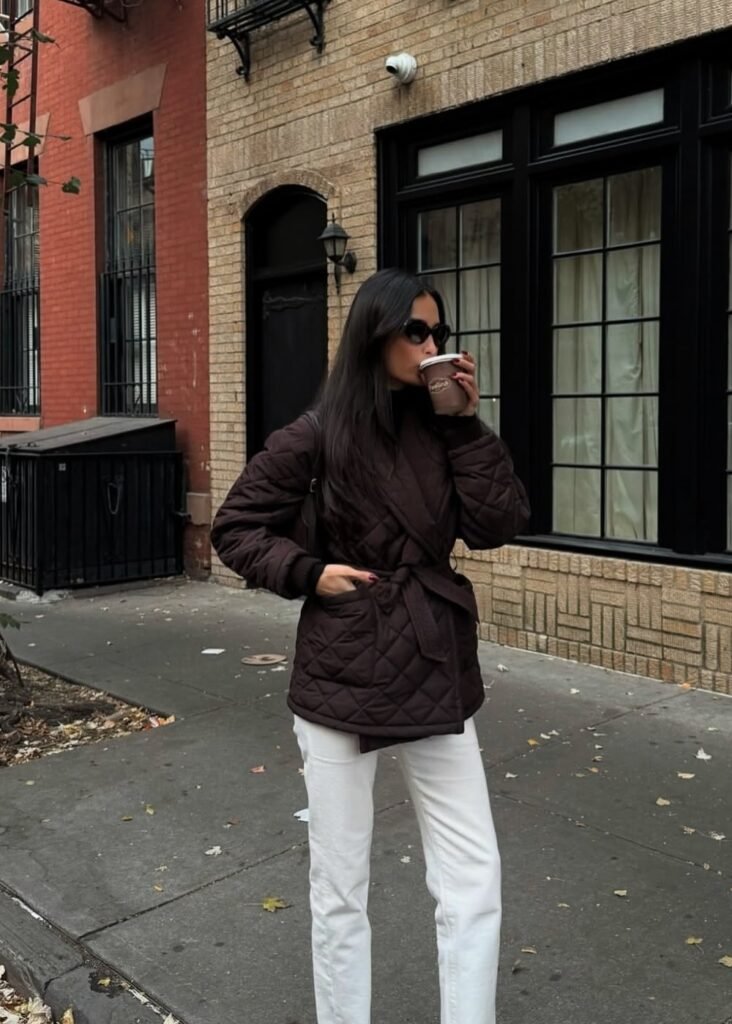 Brown Quilted Jacket with Belt + White Wide-Leg Pants + Black Sunglasses