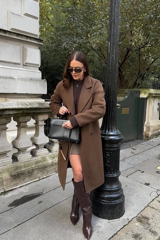 Brown Ribbed Sweater Dress + Oversized Brown Coat + Knee-High Brown Boots + Structured Black Bag + Sunglasses