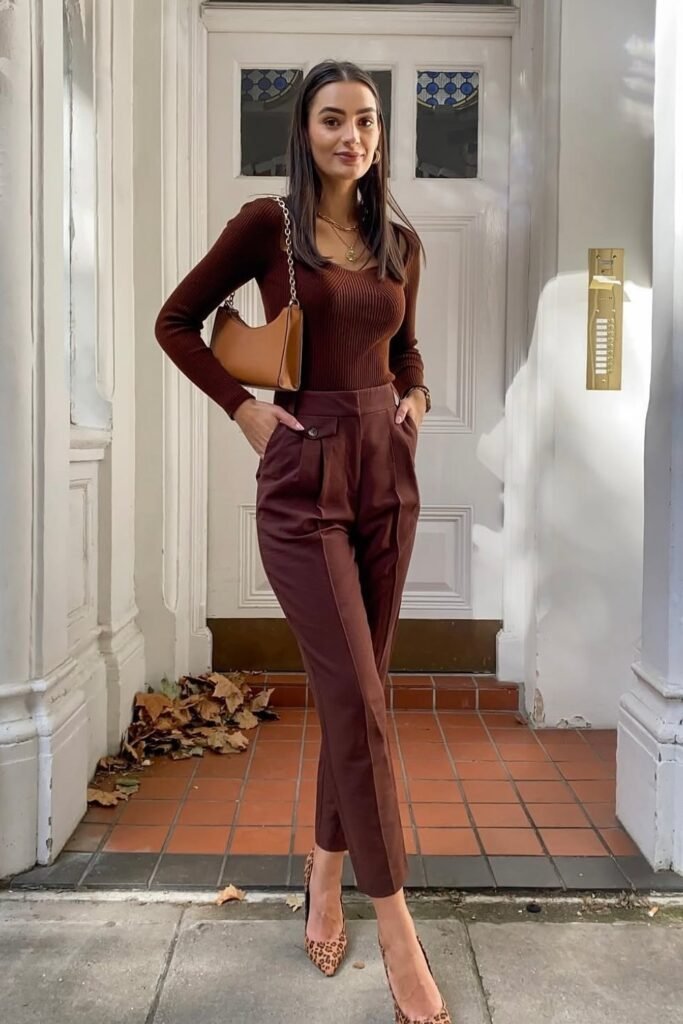 Brown Ribbed Top + High-Waisted Brown Tailored Pants + Leopard Print Pumps + Brown Shoulder Bag