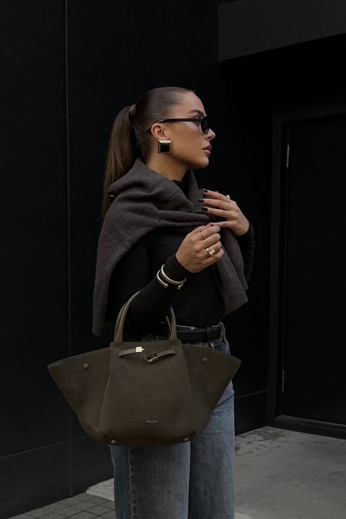 Brown Shawl + Black Turtleneck + High-Waisted Jeans + Black Bag