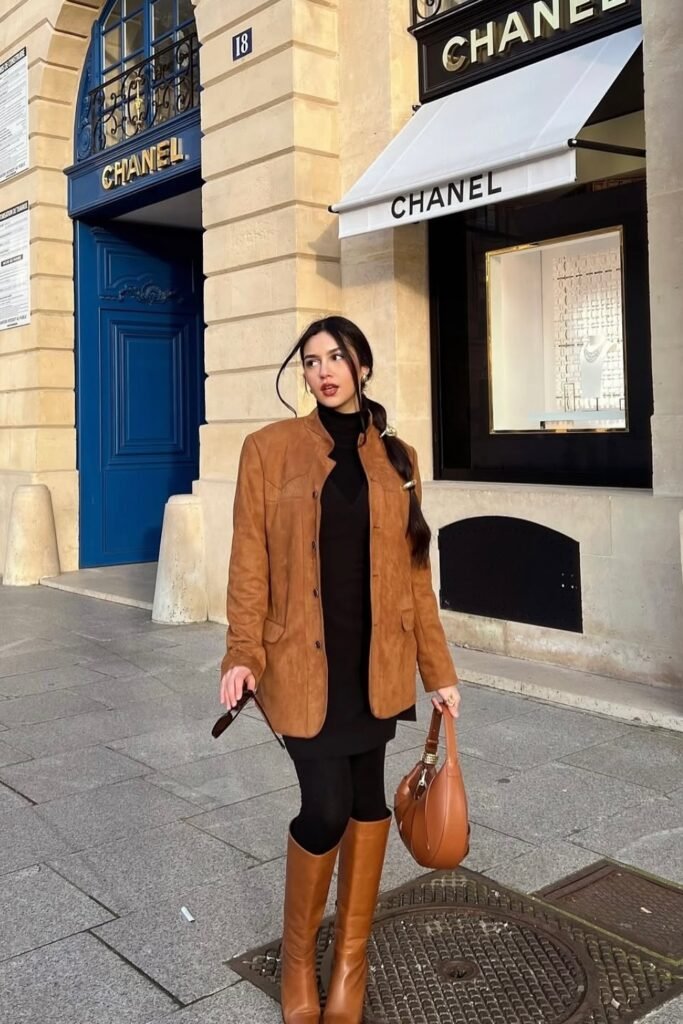 Brown Suede Blazer + Black Dress + Black Leggings + Brown Knee-High Boots